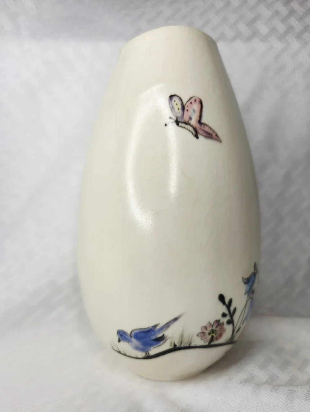 Vintage Holland Mold Hand Painted Kitty Cat Ceramic Vase Butterfly Bluebird